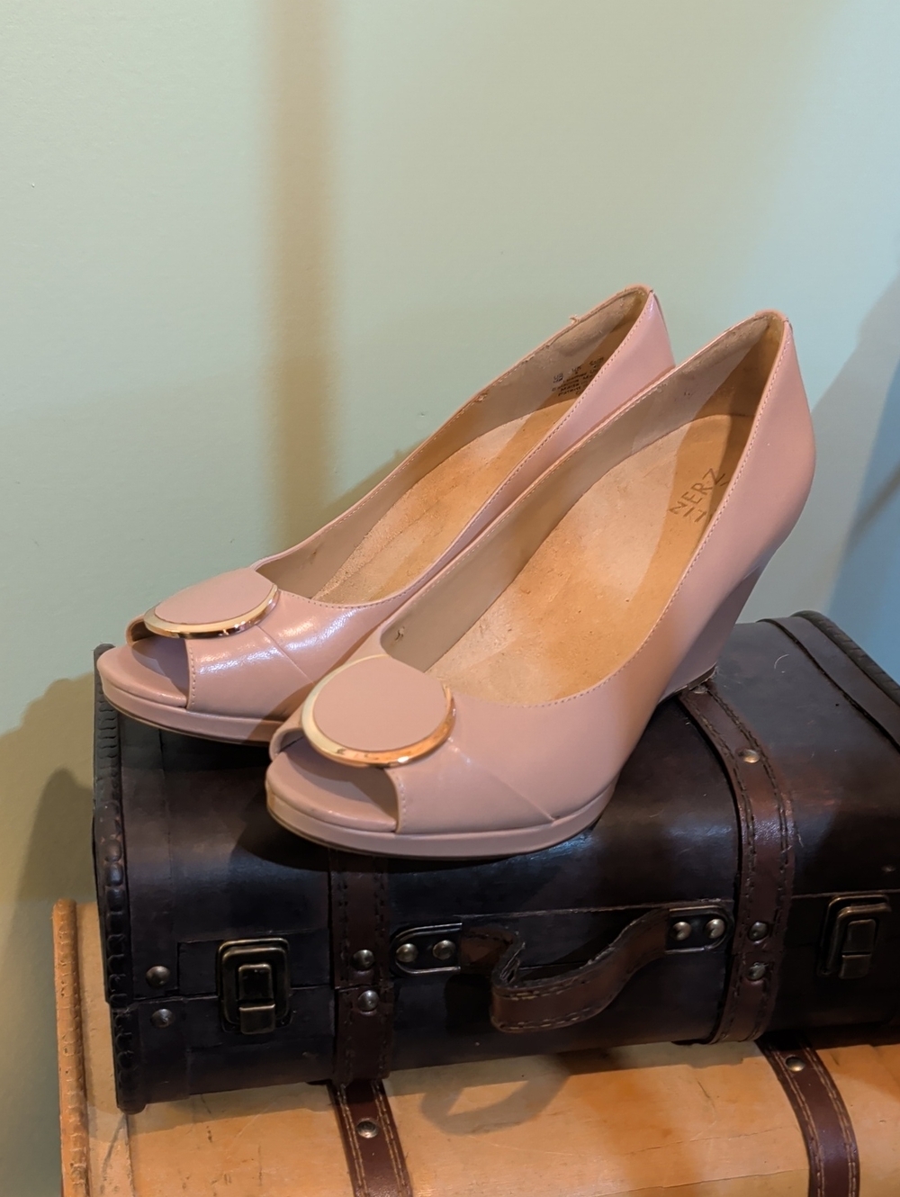 Classic Nude Peep-Toe Wedge Heels with Disc Accent